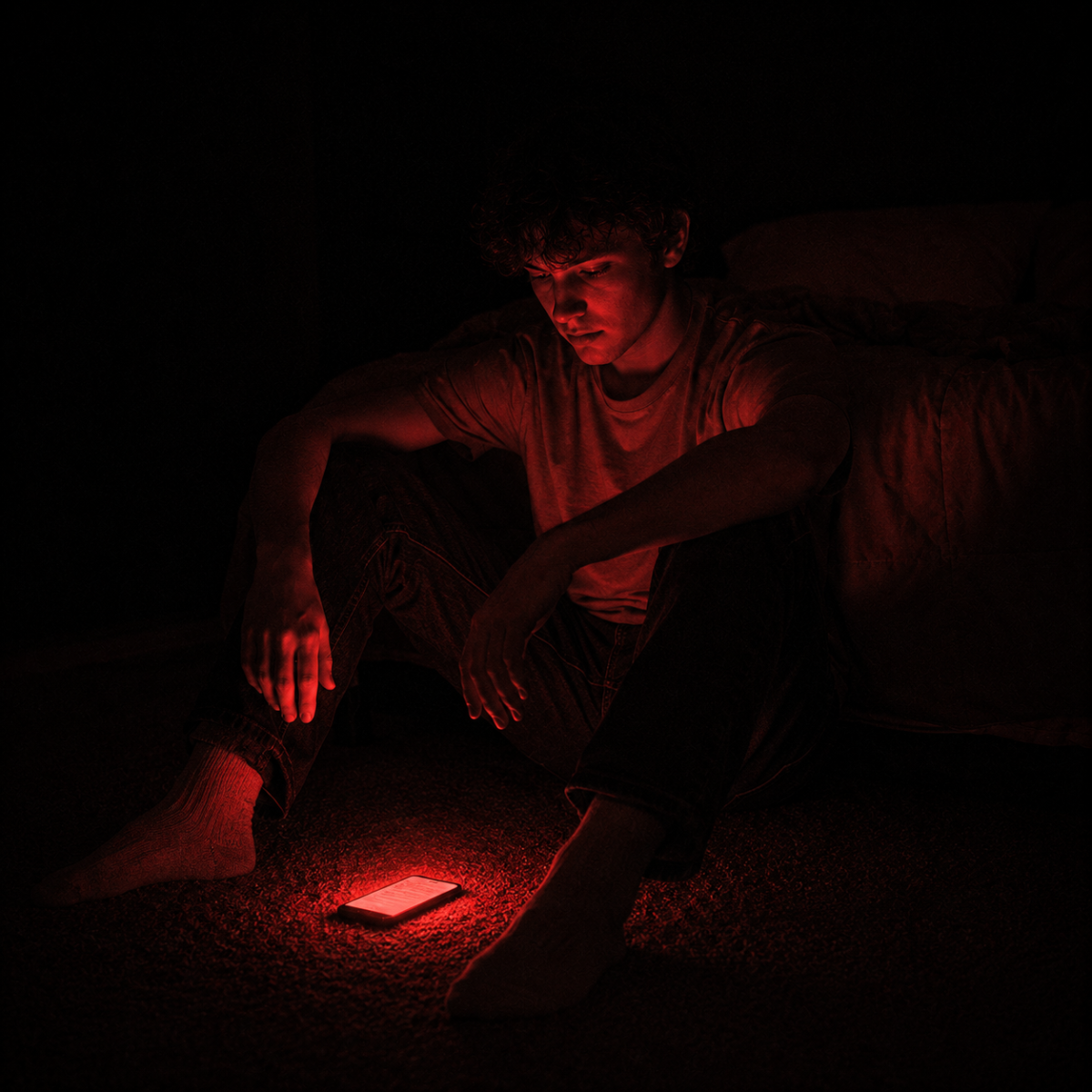 Toxic texting psychology: a young man on the floor at night watching a phone glow red on the carpet, not touching it