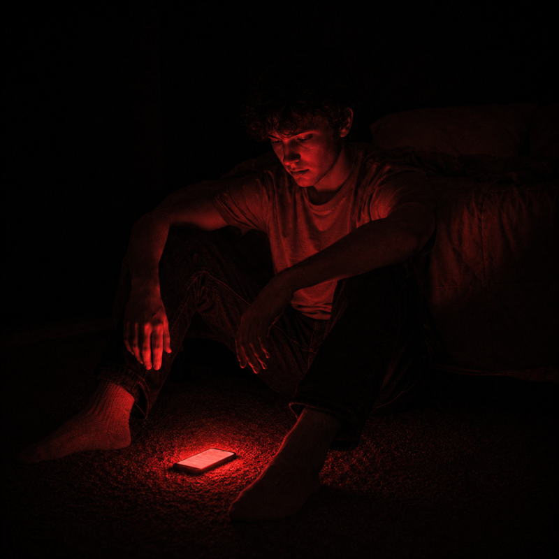 Toxic texting psychology: a young man on the floor at night watching a phone glow red on the carpet, not touching it