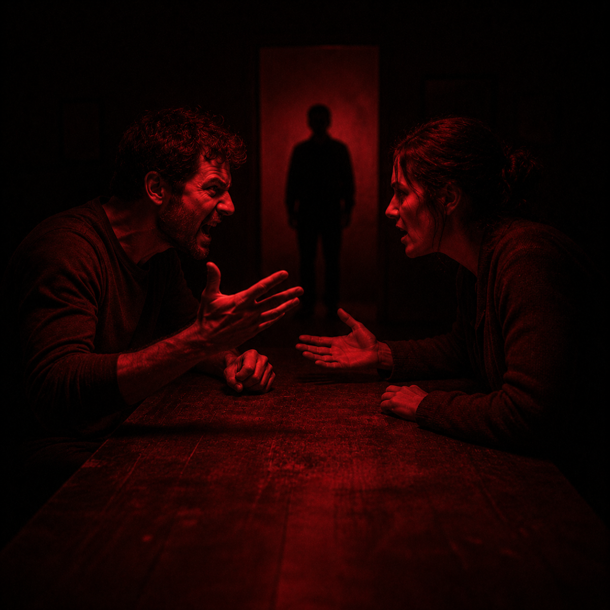 Triangulation psychology: two people arguing across a table while a third stands unlit in the doorway behind them, watching