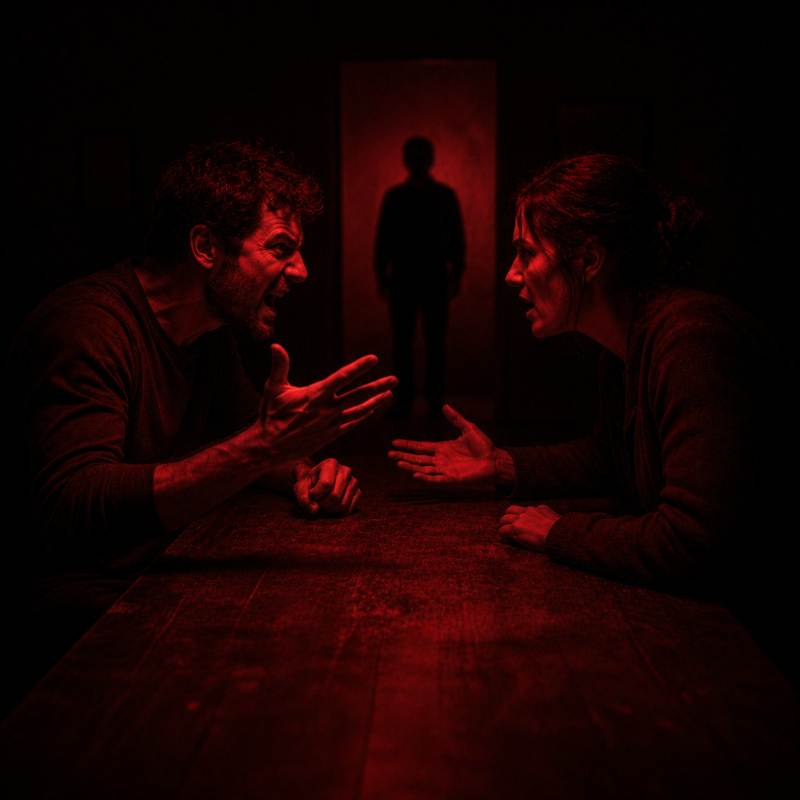 Triangulation psychology: two people arguing across a table while a third stands unlit in the doorway behind them, watching