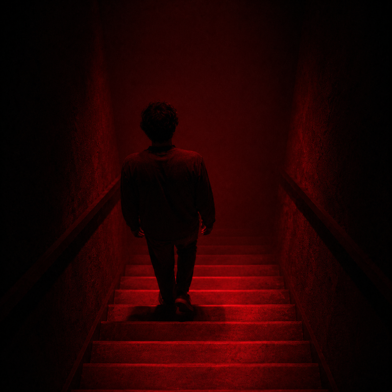 Psychological trap psychology: a person walking calmly down a red-lit staircase into darkness, each step ordinary, no bottom in sight