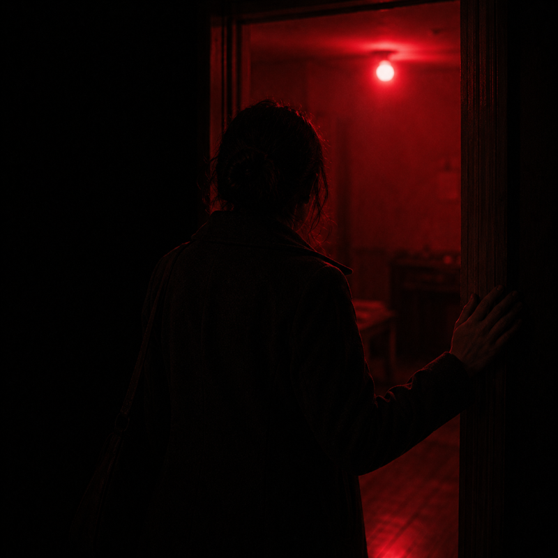 Emotional control dynamics: a woman in a coat stopped in a doorway, hand on the frame, looking into a red-lit room she has not entered