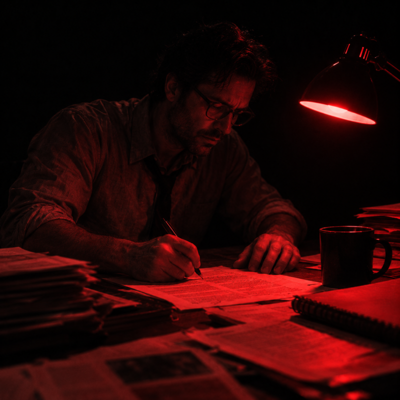 Motivated reasoning: a man at a desk under a red lamp at night, annotating one page among stacks of paper, building a case nobody asked for