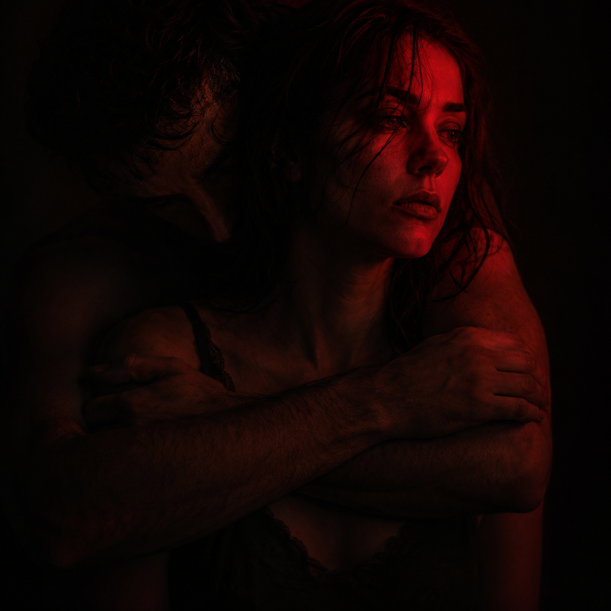 The cycle of abuse: a man holding a woman from behind in red darkness, his face at her neck, her eyes open and fixed on nothing