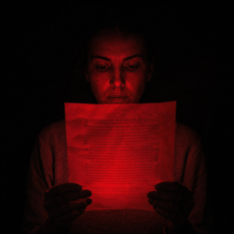 The backfire effect: a woman reading a page held up in red light, her expression completely unmoved by what it says
