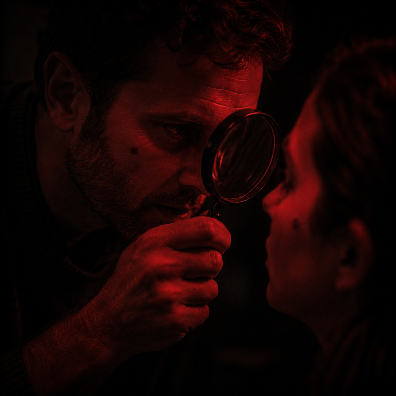 The bias blind spot: a man examining another person’s face through a magnifying glass, an identical mark on his own cheek unnoticed