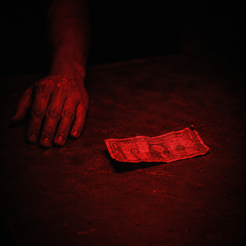 Cognitive dissonance: a single crumpled dollar bill on a bare table in red light, a hand resting beside it, not taking it