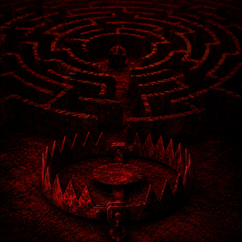 A rusty bear trap glowing red in complete darkness, representing psychological trap psychology.