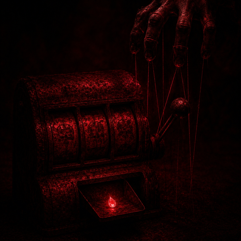 A dark, shadowy slot machine glowing red in absolute darkness, representing intermittent reinforcement psychology.