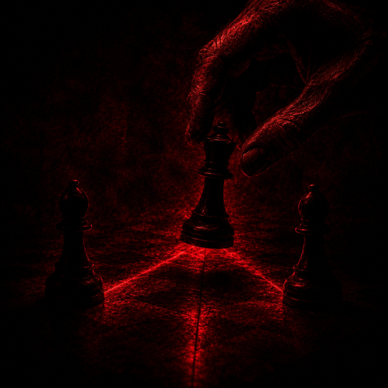 Three chess pieces in absolute darkness with a hand moving one, representing triangulation psychology.