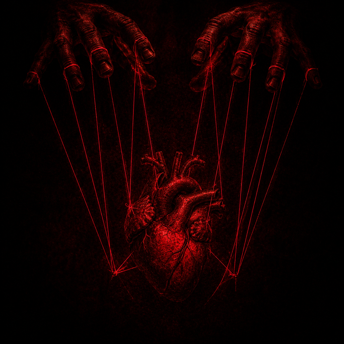 Hands holding red strings attached to a heart in absolute darkness, representing emotional control dynamics.