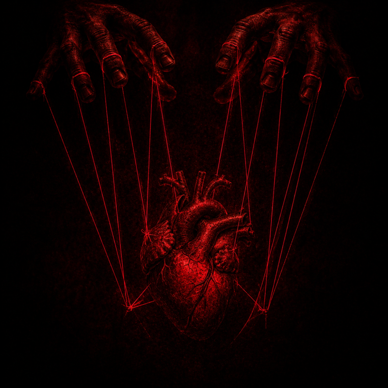 Hands holding red strings attached to a heart in absolute darkness, representing emotional control dynamics.