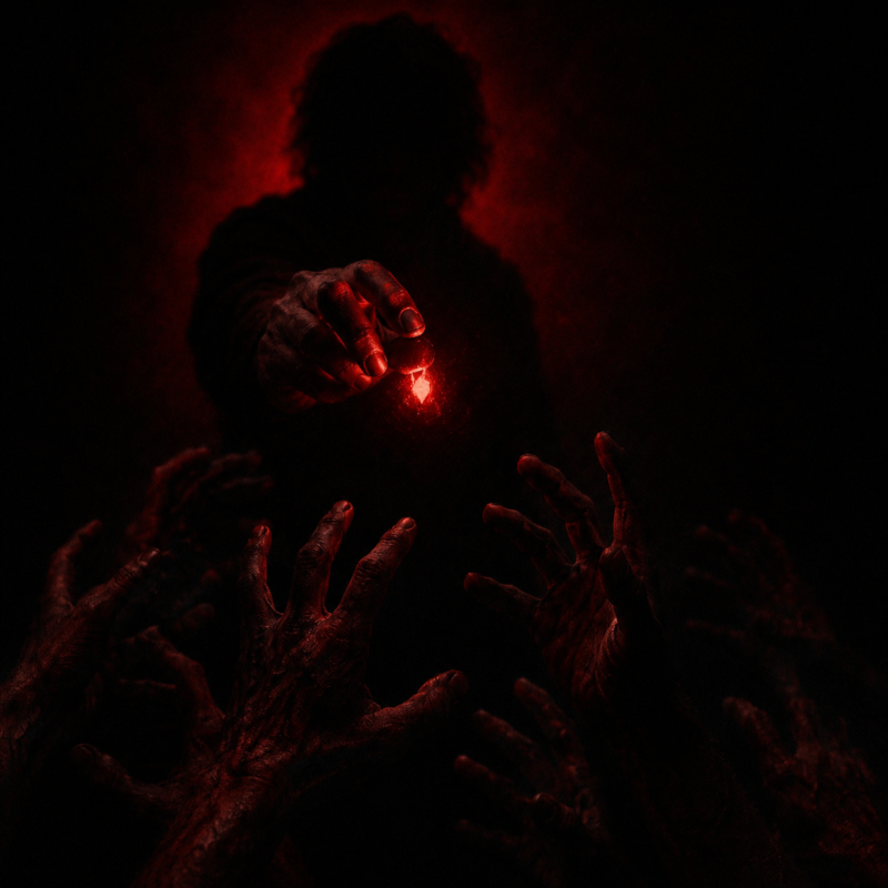 Outstretched hands reaching for a glowing red ember in absolute darkness, representing weaponized validation psychology.