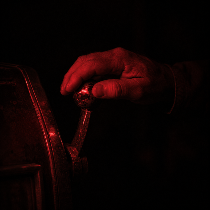 Intermittent reinforcement psychology: a hand resting on a slot machine lever in the dark, the reels out of frame