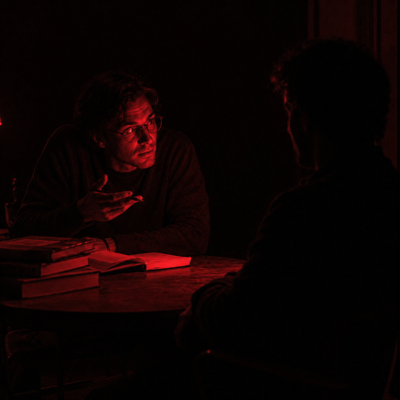 Why smart people fall for manipulation: a man in glasses leaning in to explain across a table of books while a figure in shadow listens