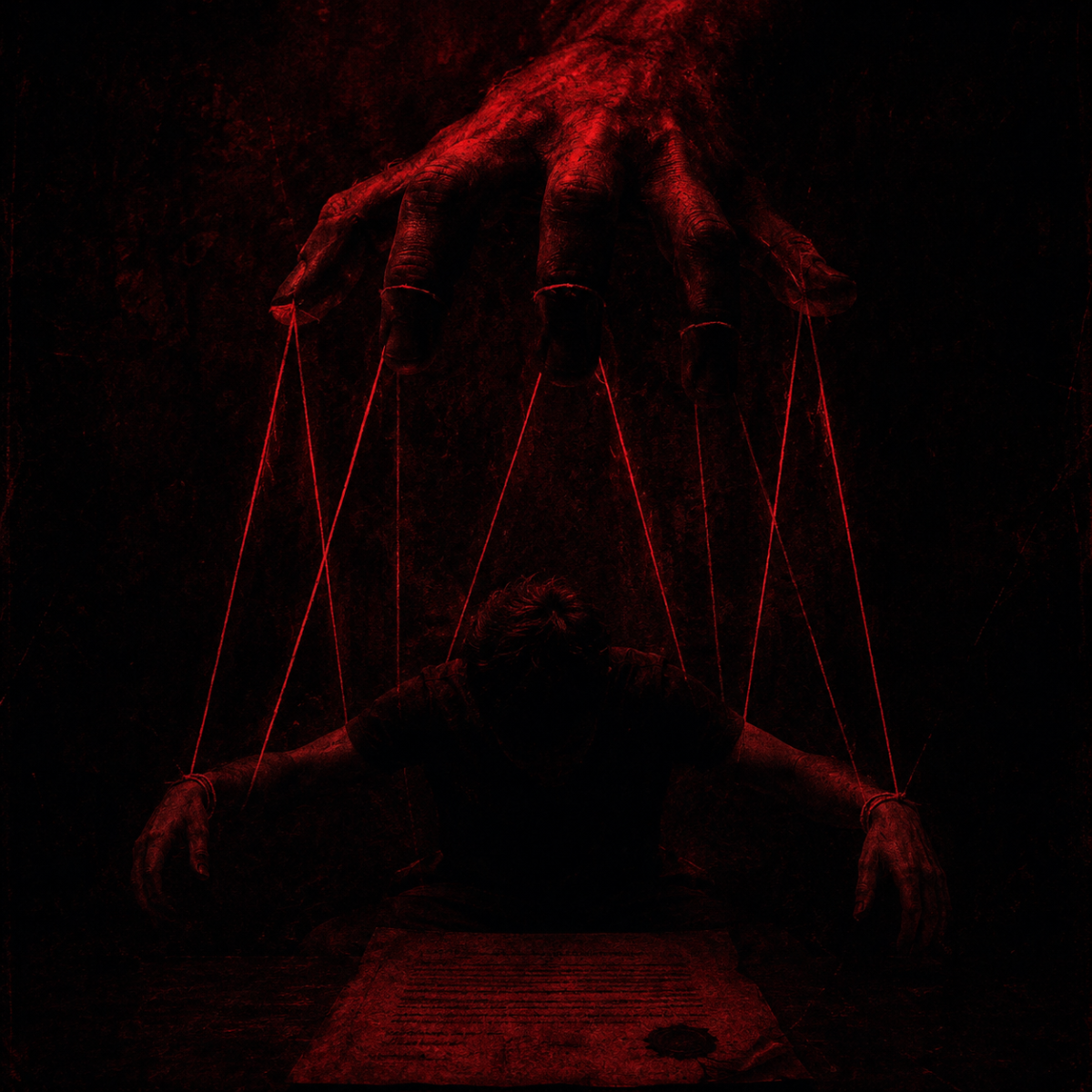 A shadowy, large hand manipulating a smaller figure via red strings over a hidden contract document, illustrating the psychological control inherent in covert contract psychology.