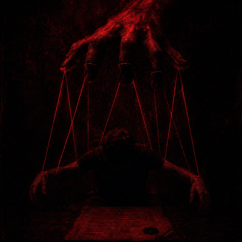 A shadowy, large hand manipulating a smaller figure via red strings over a hidden contract document, illustrating the psychological control inherent in covert contract psychology.