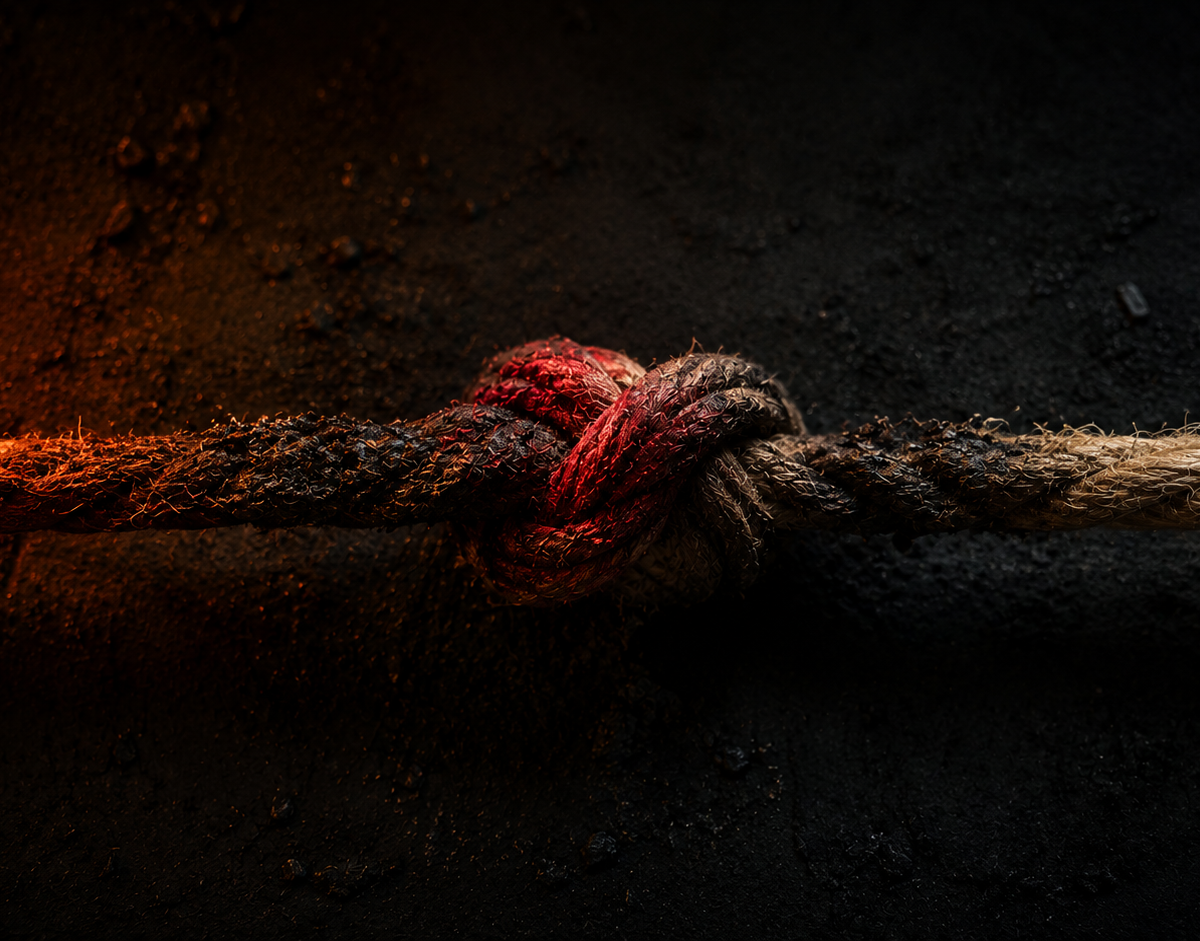 Trauma bonding: a single scorched rope cinched into one tight knot, lit warm on one side and cold on the other