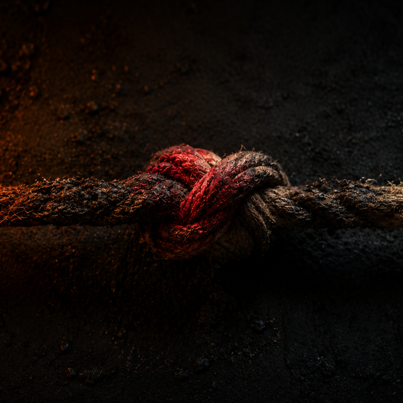 Trauma bonding: a single scorched rope cinched into one tight knot, lit warm on one side and cold on the other