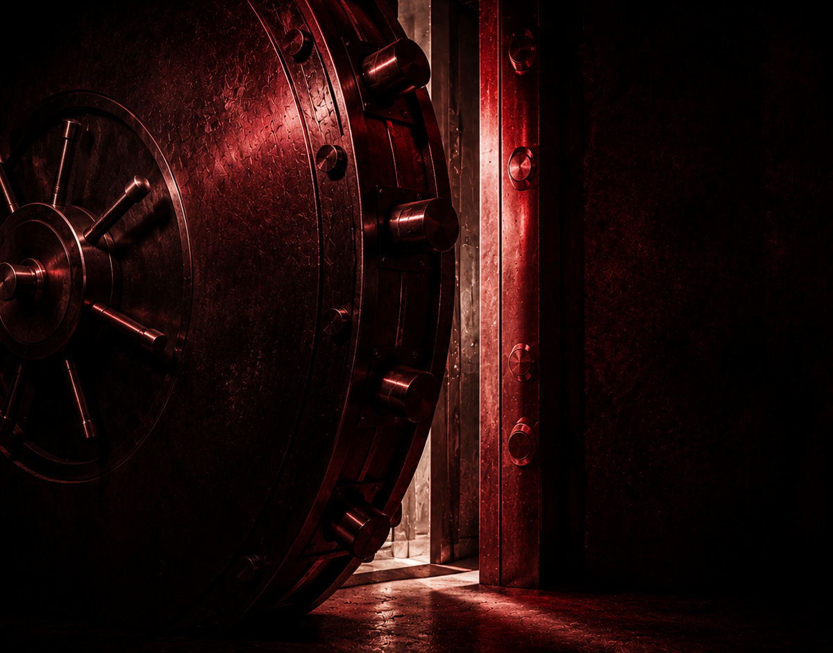 Stockholm syndrome: the heavy circular steel door of an old bank vault standing slightly ajar, cold light spilling from the gap into darkness