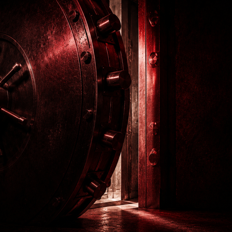Stockholm syndrome: the heavy circular steel door of an old bank vault standing slightly ajar, cold light spilling from the gap into darkness
