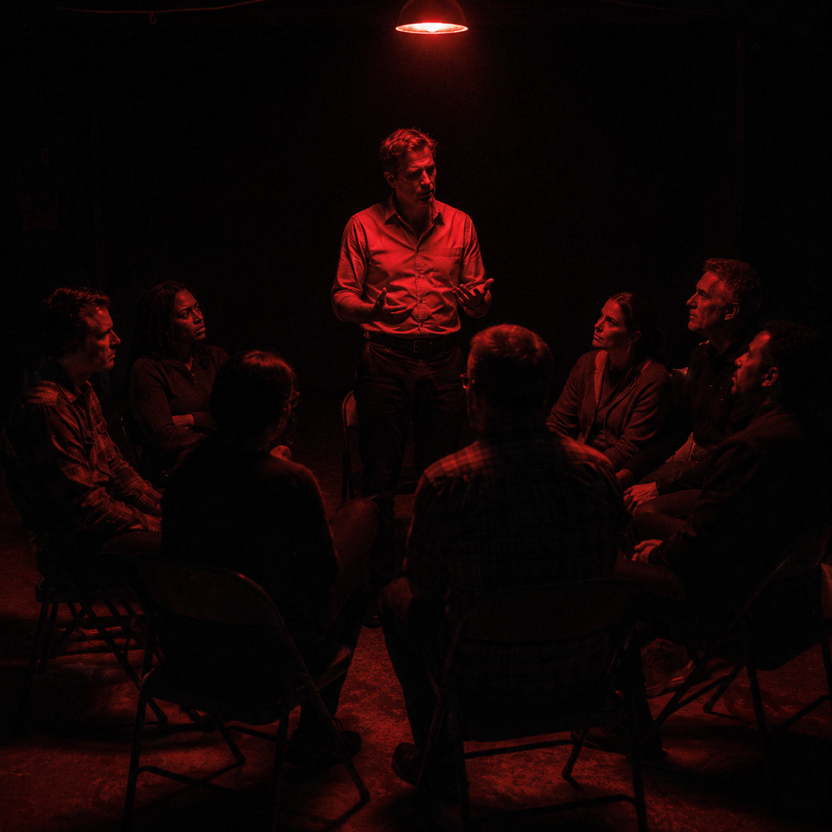 How cult leaders build loyalty: an ordinary man in a plain shirt talking to a circle of people on folding chairs under a single red bulb