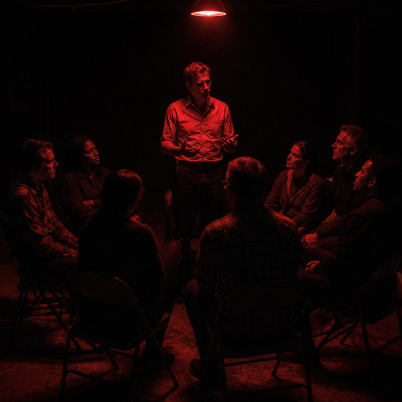 How cult leaders build loyalty: an ordinary man in a plain shirt talking to a circle of people on folding chairs under a single red bulb