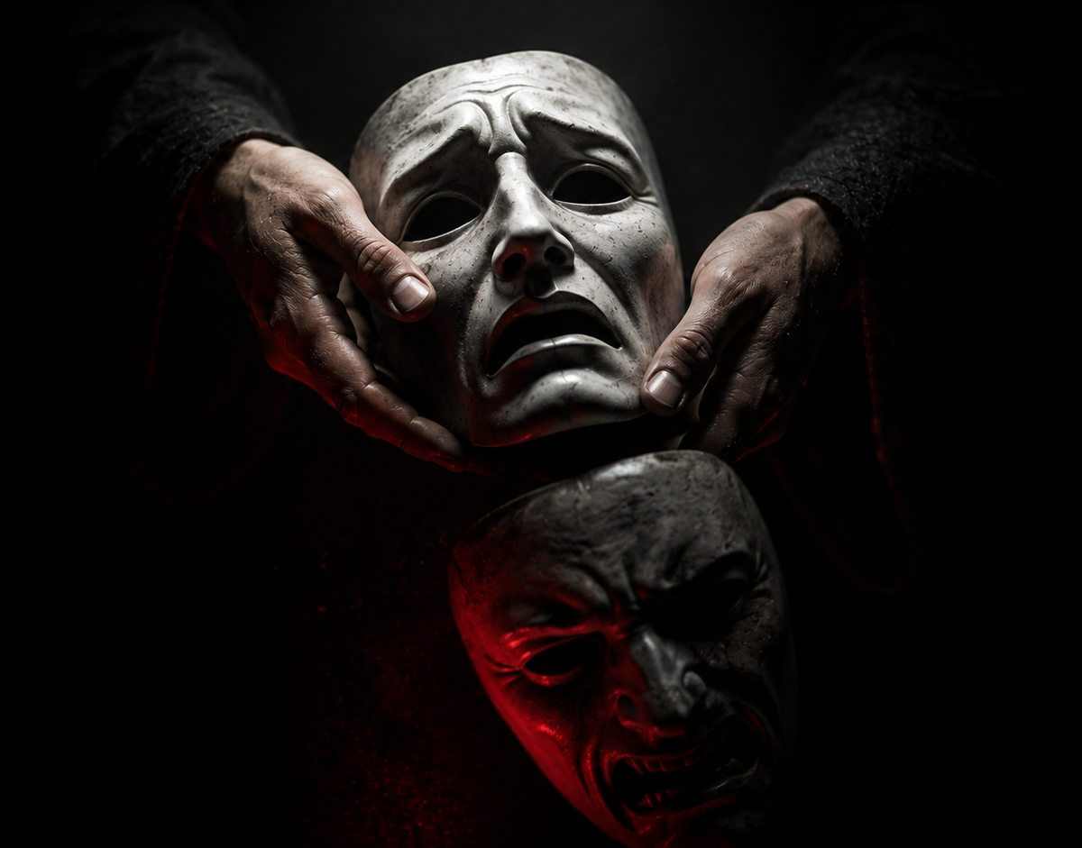 DARVO: two theatre masks mid-swap in a dark frame, a wounded mask rising into cold light as a sneering mask falls into red shadow