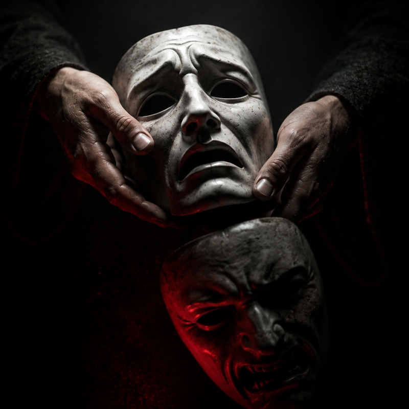 DARVO: two theatre masks mid-swap in a dark frame, a wounded mask rising into cold light as a sneering mask falls into red shadow