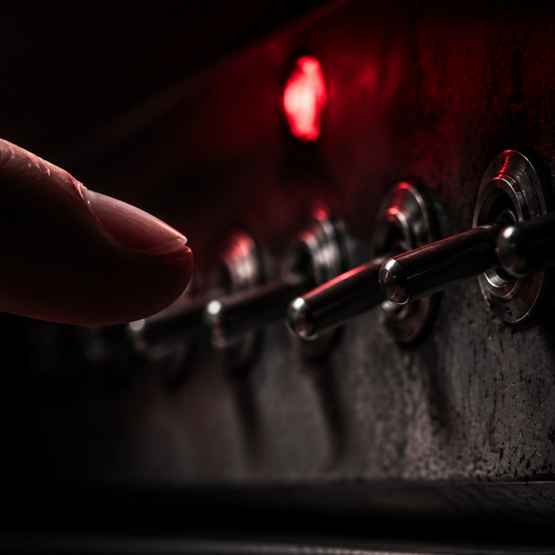 The Milgram experiment: a fingertip hovering over one toggle switch on a worn vintage instrument panel, the rest of the row falling into shadow