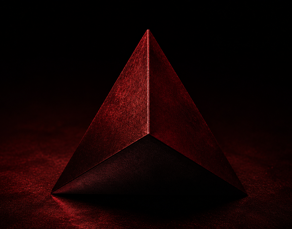 The Dark Triad: a single black three-sided prism on a dark surface, each face catching a different cold glint