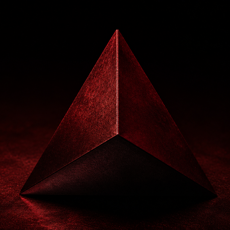 The Dark Triad: a single black three-sided prism on a dark surface, each face catching a different cold glint