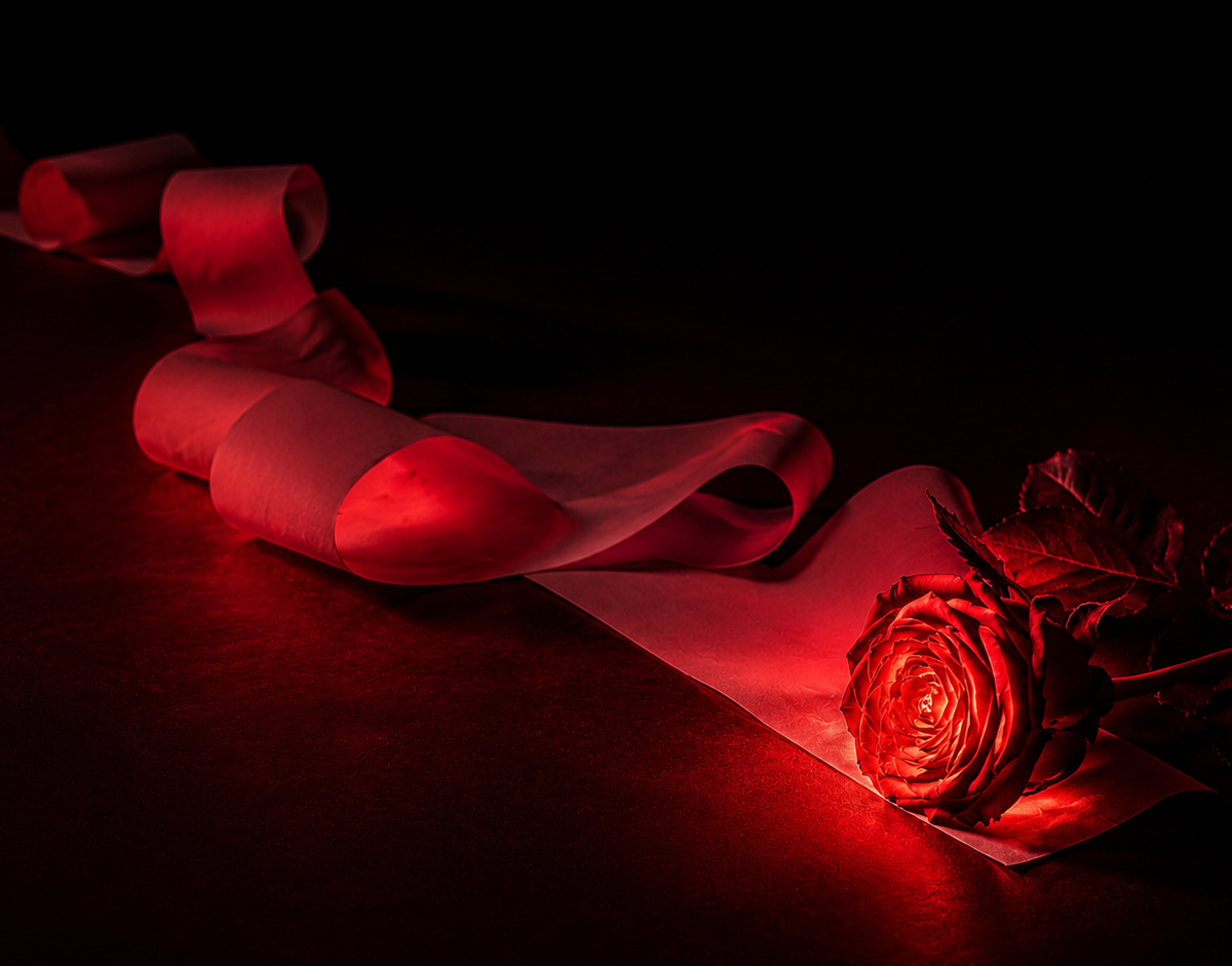 Sexual marketplace: a long blank paper receipt curling across a dark surface under cold light, a single dark-red rose resting across it