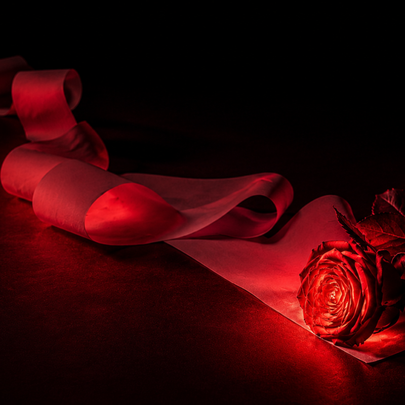 Sexual marketplace: a long blank paper receipt curling across a dark surface under cold light, a single dark-red rose resting across it