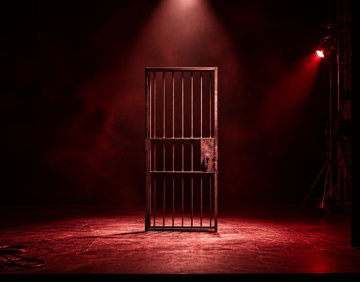 Stanford Prison Experiment: a lone barred cell door on a bare theatre stage under a hard spotlight, stage rigging visible at the dark edges