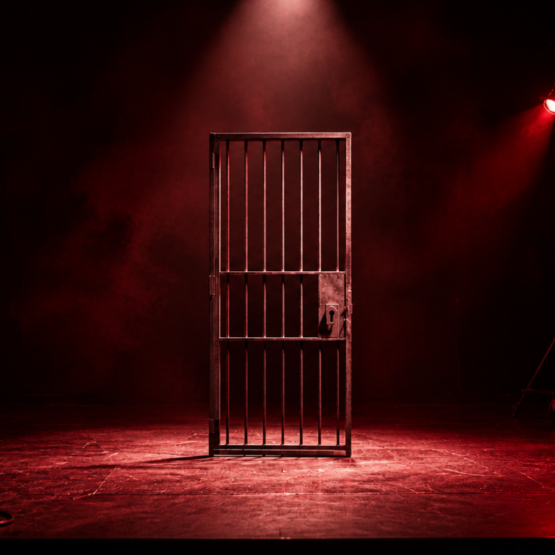 Stanford Prison Experiment: a lone barred cell door on a bare theatre stage under a hard spotlight, stage rigging visible at the dark edges